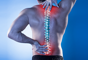 Man holding neck and lower back with highlighted spine, indicating Spinal Cord Injuries