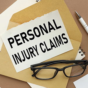 Paper with 'PERSONAL INJURY CLAIMS', calculator, and glasses, for Iowa personal injury myths.